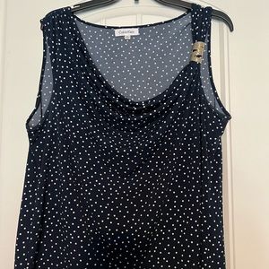Calvin Klein women’s polka dot navy white sleeveless top w/gold embellishment